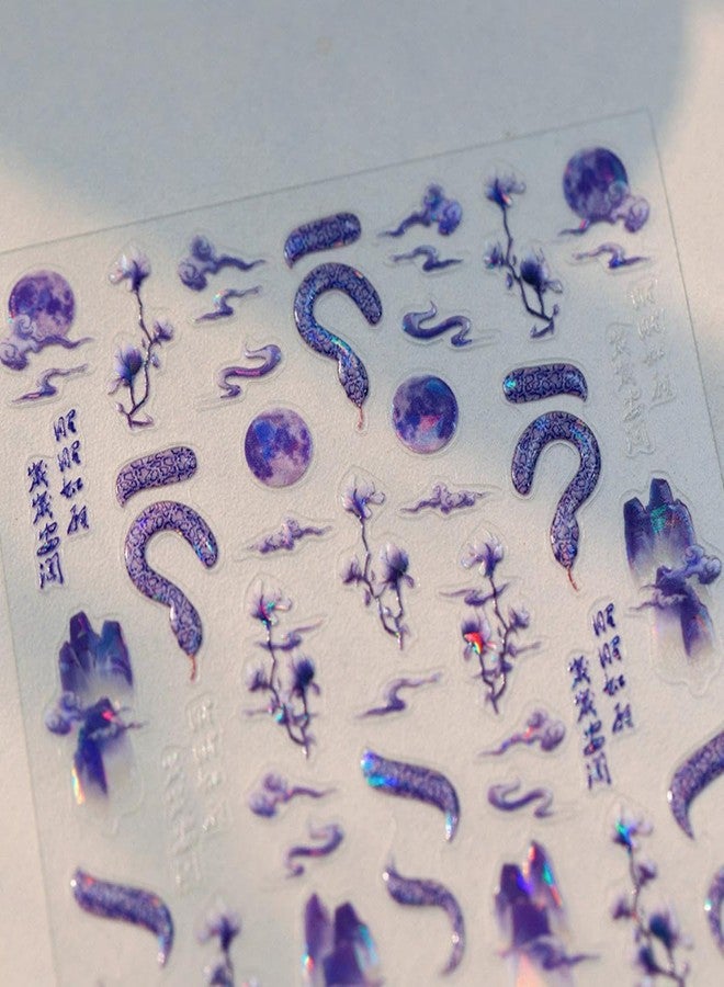 Maigitur 5D Embossed Snake Nail Stickers Purple Nail Art Stickers Self-Adhesive Mountain Nail Decals Chinese Style for Nail Art Flower Moon Nail Supplies Spring Stickers for Women Girls DIY Manicure - Image 4